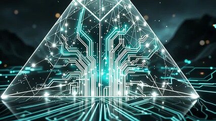 Fototapete - Futuristic circuit pyramid with digital energy pulses in a scifi landscape