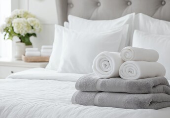 A bed with white sheets and a grey towel stack