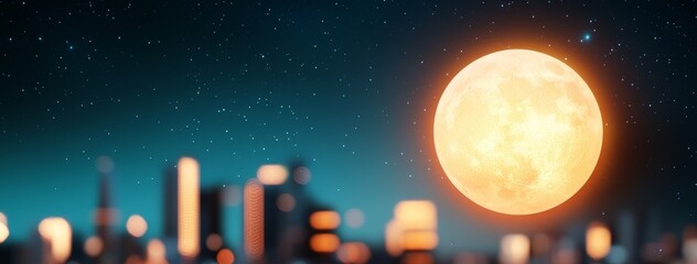 Wall Mural - a bright full moon illuminates a city skyline at night, creating a serene and magical atmosphere und
