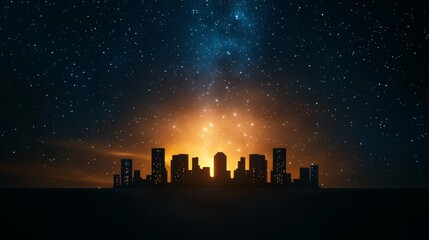 Wall Mural - A vibrant sunset silhouettes a city skyline against a starry sky, creating a stunning contrast between urban life and the cosmos.