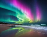 Aurora Borealis Beach Nightscape: Vibrant Northern Lights Reflecting on Ocean Waves at Night