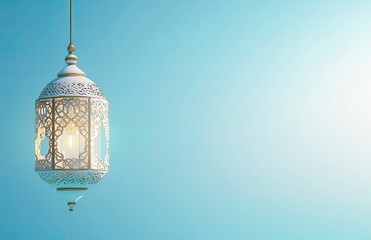 Poster - Ramadan background, in a color of white, with ample copy space for text and graphics, featuring an elegant lantern in the center, soft lighting to accentuate its intricate design, 