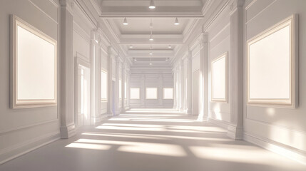 White empty art gallery, abstract room background. Museum exhibition hall 3d render. interior with blank frames hanging on walls and pillars, spotlights on ceiling, Realistic vector illustration