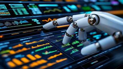 robot hand analyzing financial data on digital screen