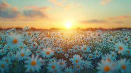 Poster - A lush sage green meadow bursts with countless daisies, their delicate petals dancing in the gentle breeze as a warm golden sunrise casts a magical glow over the tranquil landscape