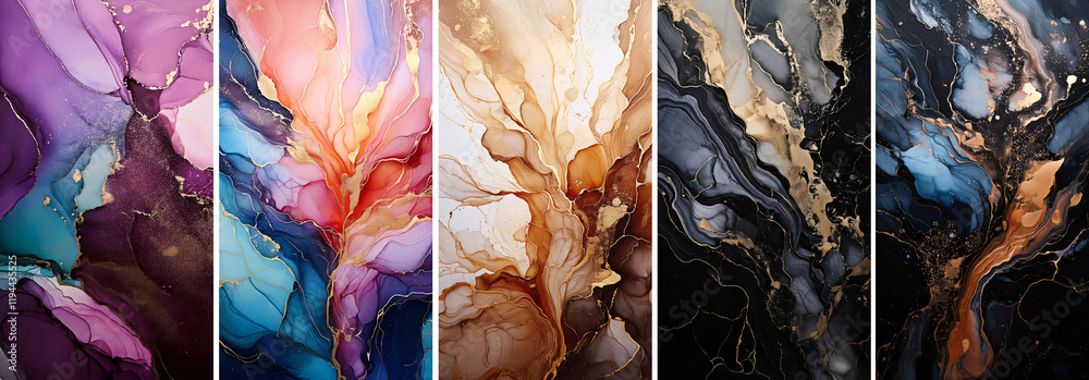 Alcohol ink, wallpaper set for mobile devices. Vertical images of ...