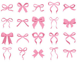 Wall Mural - Simple hand drawn pink ribbon bow collection. Bowknot for decoration, big set of bowtie. Large retro ribbon illustration set. Set of various cartoon bow knots, gift ribbons. Valentines day, love sign 