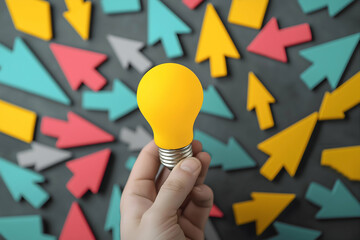 Poster - A hand holds a bright yellow light bulb against a colorful background of arrows in various colors and directions.