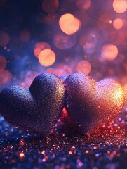 Wall Mural - Two glitter heart shape with bokeh background valentine day concept