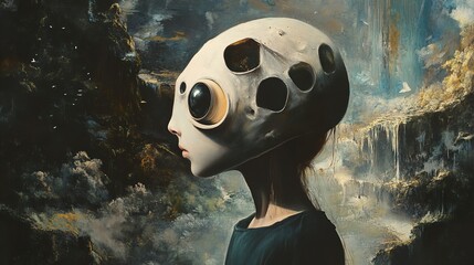 Wall Mural - Surreal Girl in a Helmet, Fantasy Landscape Painting