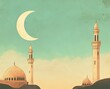 © MUdaylah - Ramadan background with ample copy space, featuring two minarets and the crescent moon in the sky, in muted tones of cream, beige, and grey, simple yet elegant