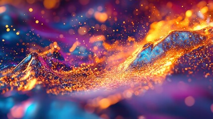 Poster - vivid abstract mountainscape with glowing particles in vibrant colors