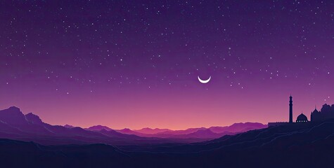 Wall Mural - Vector illustration of a purple gradient night sky with stars and moon, a mosque silhouette in the bottom right corner, at the center top, colorful. 