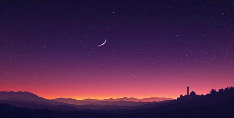Wall Mural - Vector illustration of a purple gradient night sky with stars and moon, a mosque silhouette in the bottom right corner, at the center top, colorful. 