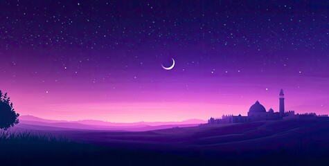 Wall Mural - Vector illustration of a purple gradient night sky with stars and moon, a mosque silhouette in the bottom right corner, at the center top, colorful. 