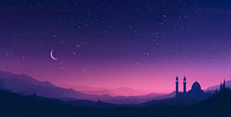 Poster - Vector illustration of a purple gradient night sky with stars and moon, a mosque silhouette in the bottom right corner, at the center top, colorful. 