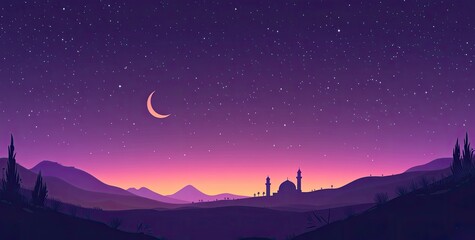 Wall Mural - Vector illustration of a purple gradient night sky with stars and moon, a mosque silhouette in the bottom right corner, at the center top, colorful. 