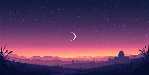 Wall Mural - Vector illustration of a purple gradient night sky with stars and moon, a mosque silhouette in the bottom right corner, at the center top, colorful. 