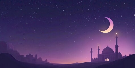 Wall Mural - Vector illustration of a purple gradient night sky with stars and moon, a mosque silhouette in the bottom right corner, at the center top, colorful. 