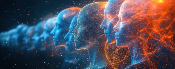 Poster - abstract digital faces in a glowing network of blue and orange light