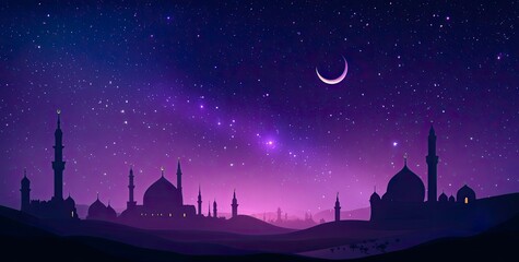 Wall Mural - Vector illustration of a purple gradient night sky with stars and moon, a mosque silhouette in the bottom right corner, at the center top, colorful. 