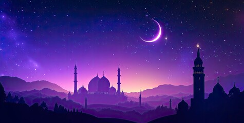 Wall Mural - Vector illustration of a purple gradient night sky with stars and moon, a mosque silhouette in the bottom right corner, at the center top, colorful. 