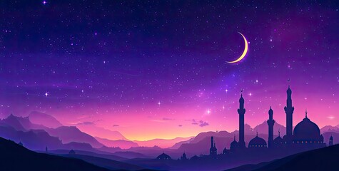 Wall Mural - Vector illustration of a purple gradient night sky with stars and moon, a mosque silhouette in the bottom right corner, at the center top, colorful. 