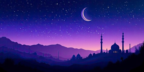 Wall Mural - Vector illustration of a purple gradient night sky with stars and moon, a mosque silhouette in the bottom right corner, at the center top, colorful. 