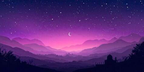 Wall Mural - Vector illustration of a purple gradient night sky with stars and moon, a mosque silhouette in the bottom right corner, at the center top, colorful. 