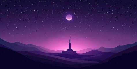 Wall Mural - Vector illustration of a purple gradient night sky with stars and moon, a mosque silhouette in the bottom right corner, at the center top, colorful. 