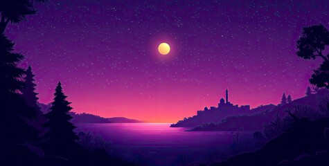 Wall Mural - Vector illustration of a purple gradient night sky with stars and moon, a mosque silhouette in the bottom right corner, at the center top, colorful. 