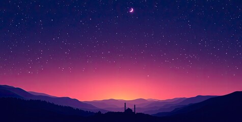 Wall Mural - Vector illustration of a purple gradient night sky with stars and moon, a mosque silhouette in the bottom right corner, at the center top, colorful. 