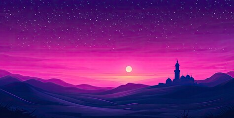 Wall Mural - Vector illustration of a purple gradient night sky with stars and moon, a mosque silhouette in the bottom right corner, at the center top, colorful. 