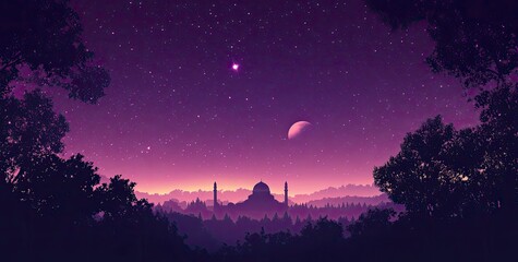 Poster - Vector illustration of a purple gradient night sky with stars and moon, a mosque silhouette in the bottom right corner, at the center top, colorful. 