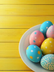 Wall Mural - easter, holidays, tradition, advertisement and object concept - close up of colored easter eggs on plate over yellow wooden boards background