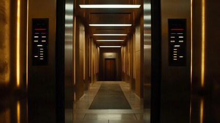 Open and closed elevator doors in office hallway. Vector realistic empty modern interior with lift, metal panel with buttons and floor display on wall in hall of hotel or house
