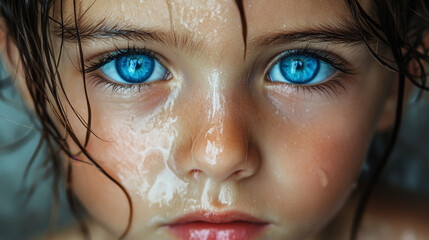 Wall Mural - Close-up Portrait of a Young Child with Wet Hair and Striking Blue Eyes, Capturing Emotion and Innocence in a Water-Soaked Background