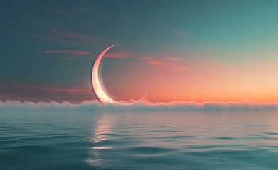 Wall Mural - White, glowing crescent moon with a halo and fog on the calm sea surface against a sunset sky background. This nature scene evokes an abstract concept of a new beginning, spring or summer season, 