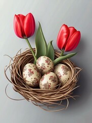 Wall Mural - Spring greeting card. Easter eggs in the nest und tulip. Gray background.