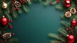© peppastocker - Festive christmas frame with pine branches, red baubles, and pinecones on green background