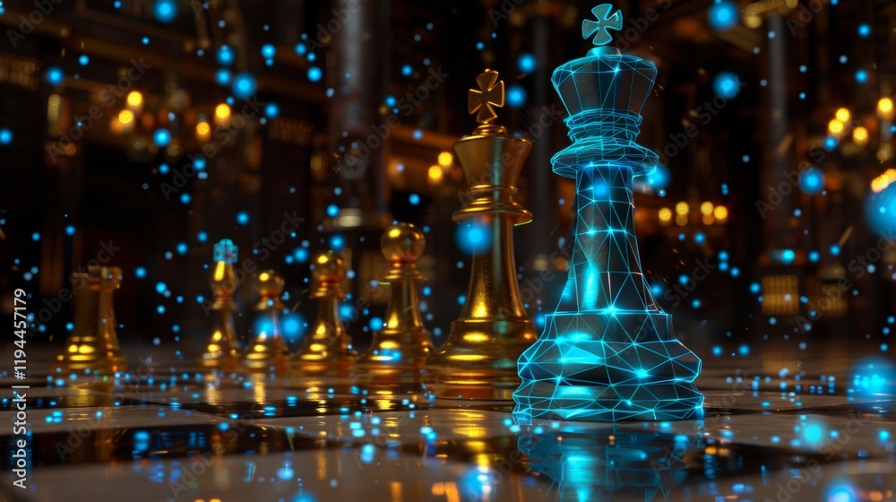 Futuristic digital chess king surrounded by blue neon connections on an ...