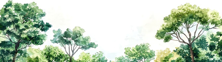 Wall Mural - World forest day concept, Tranquil Watercolor Forest Landscape Under a Bright Sky Surrounded by Lush Green Trees