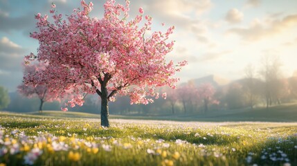 Wall Mural - Blossoming cherry tree in scenic meadow under soft morning light