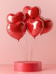 Wall Mural - Red heart shaped balloons floating on pink background podium for valentine