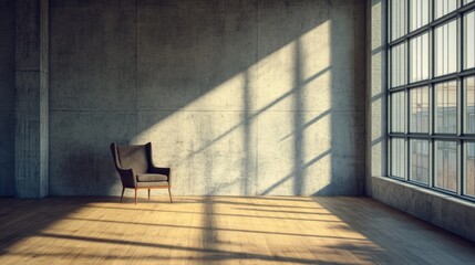 Leinwandbilder - Loft interior with raw concrete walls, warm wood flooring, and natural light from large windows; a cozy cloth chair completes the scene.