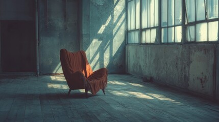 Leinwandbilder - Loft interior with raw concrete walls, warm wood flooring, and natural light from large windows; a cozy cloth chair completes the scene.