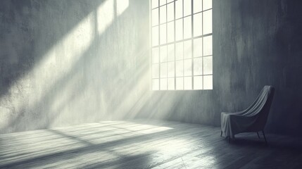 Leinwandbilder - Loft interior with raw concrete walls, warm wood flooring, and natural light from large windows; a cozy cloth chair completes the scene.