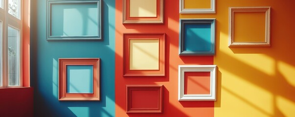 Poster - Colorful wall with empty picture frames in bright sunlight