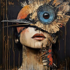 Wall Mural - Surreal Bird Mask Woman Portrait: Abstract Art Painting