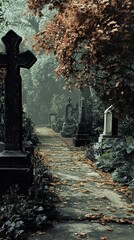 Poster - Autumnal Graveyard Path: An Eerie, Peaceful Landscape